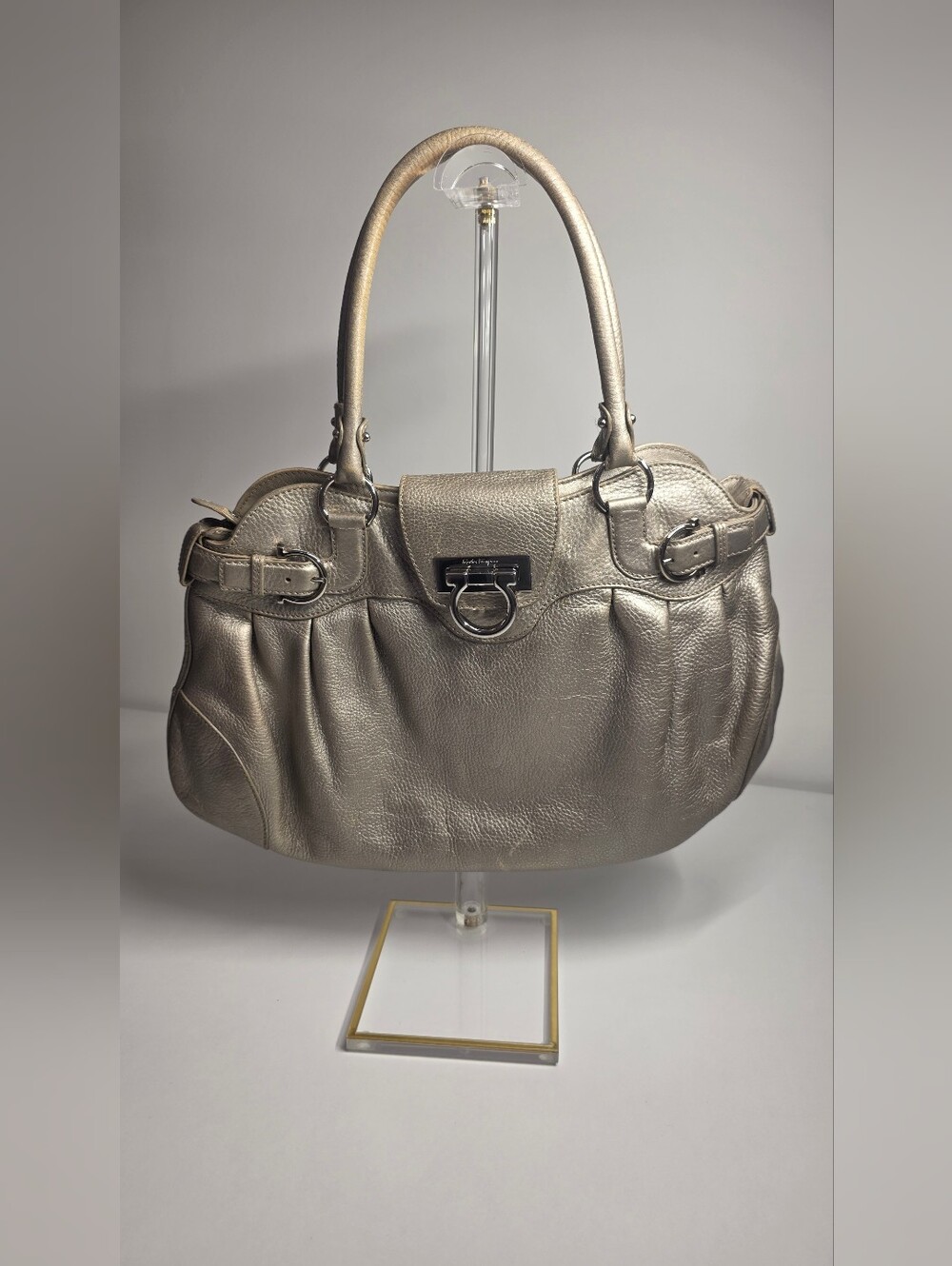 Salvatore Ferragamo Metallic Taupe Pebbled Leather Shoulder Bag
